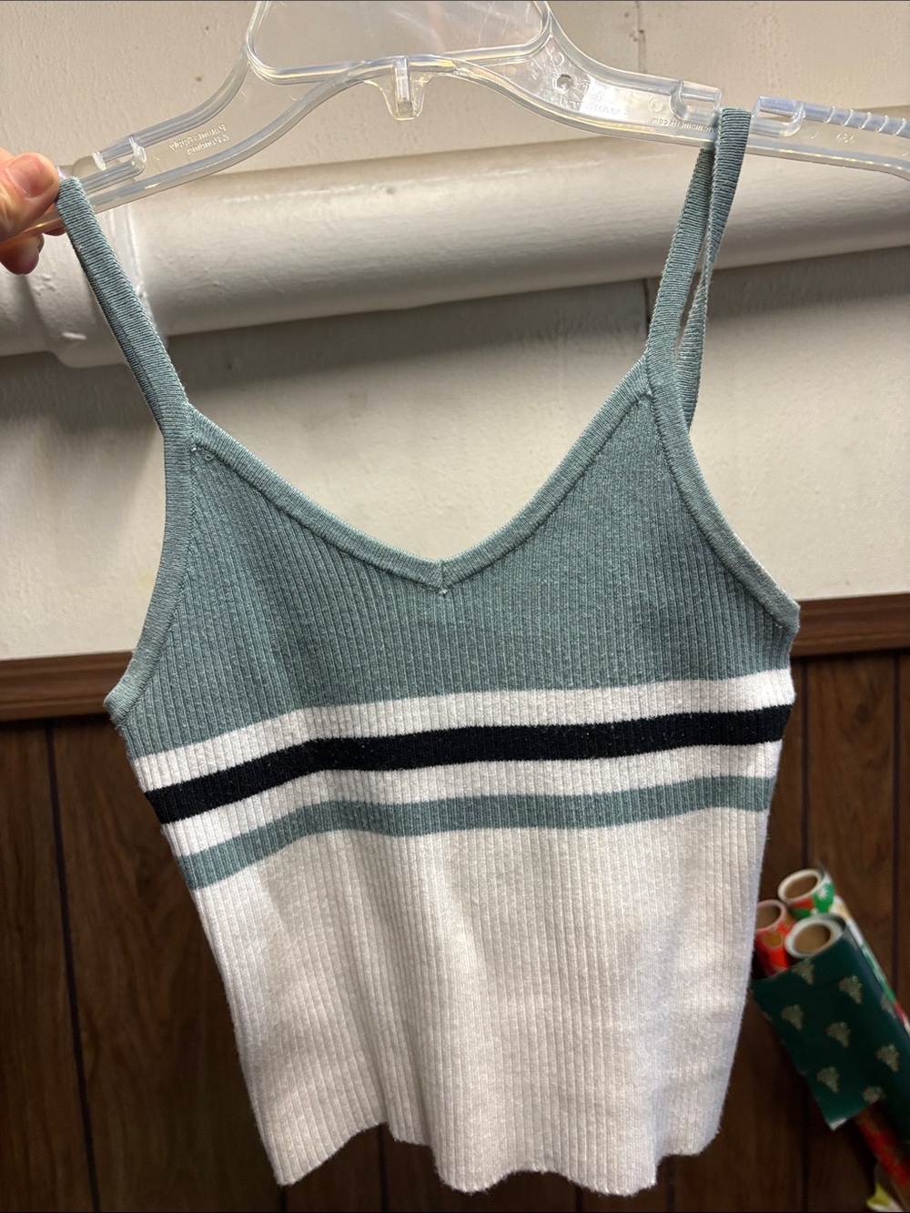 Ribbed V-Neck Stripe Knit Tank Top - Seafoam & White